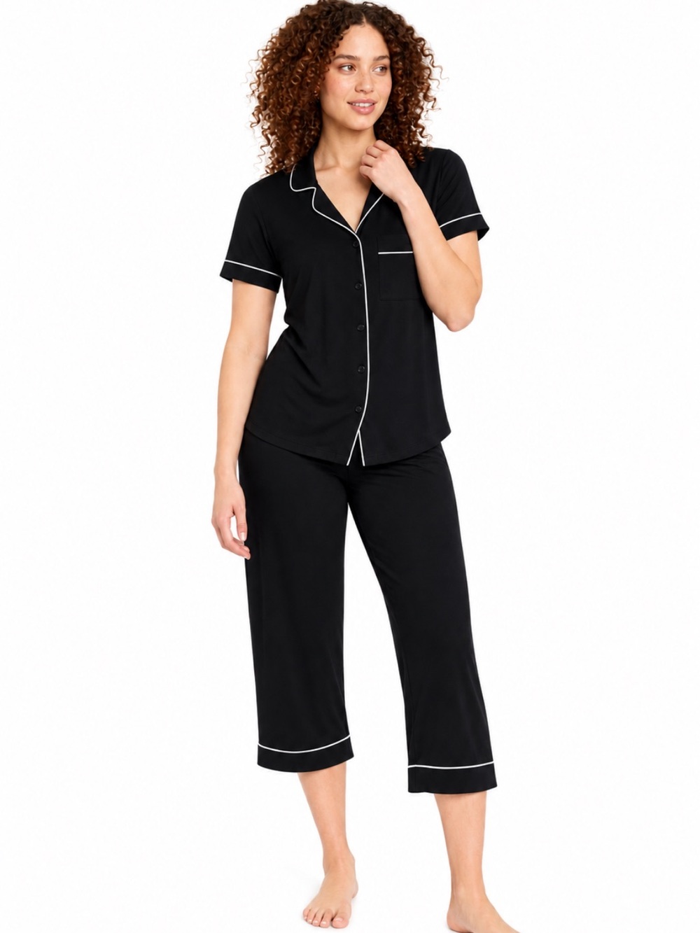 AUDEN cloud knit PJ set Black Short-Sleeve with Contrast Piping M new no tags